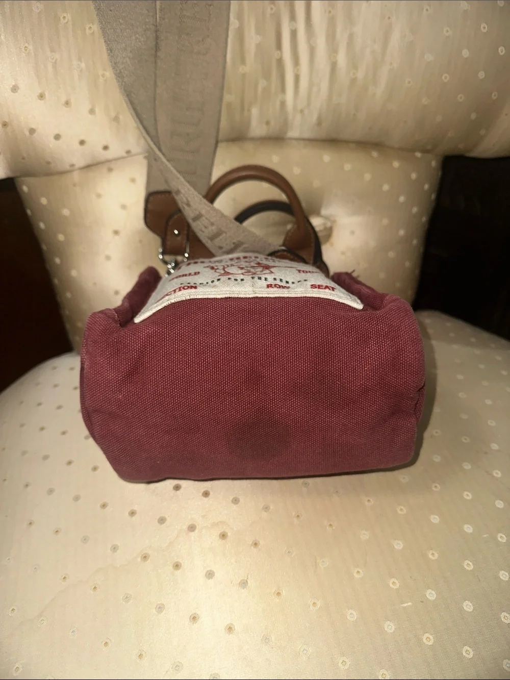 True Religion unisex Burgundy Canvas Messenger Bag with Beige Strap